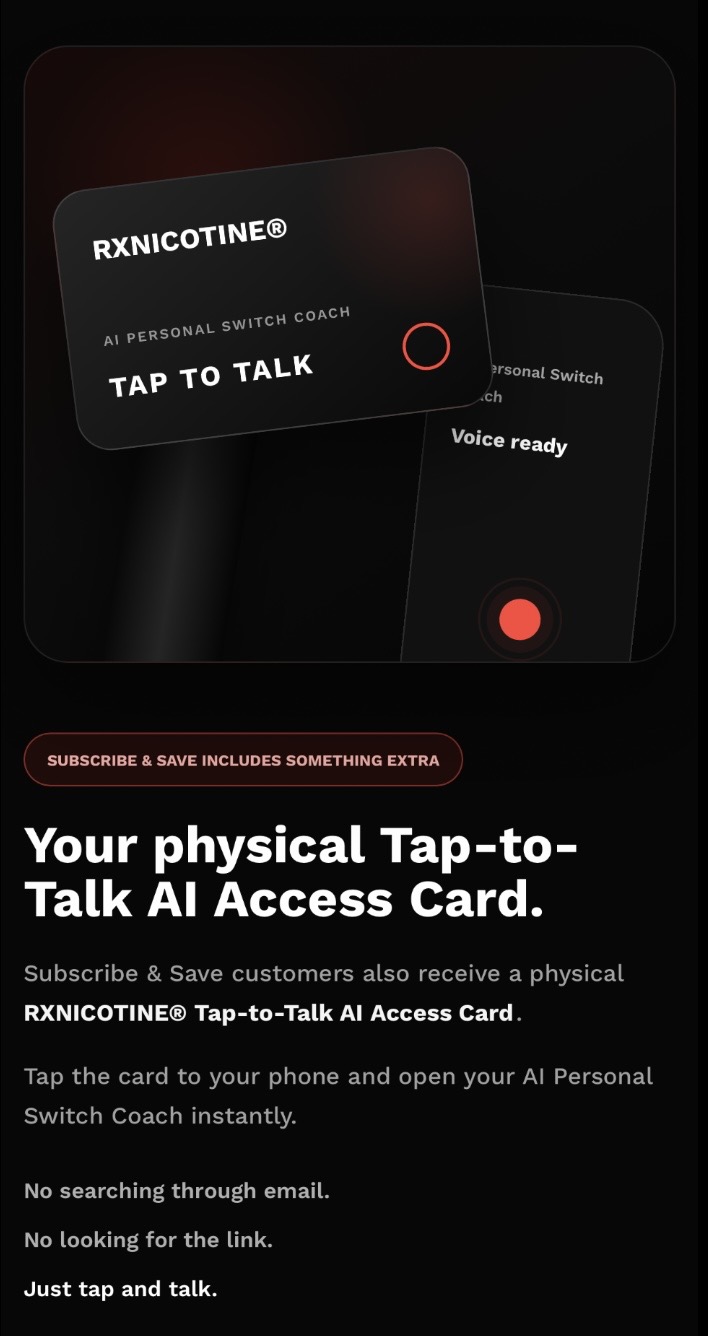 RXNICOTINE Black Card shown beside a phone